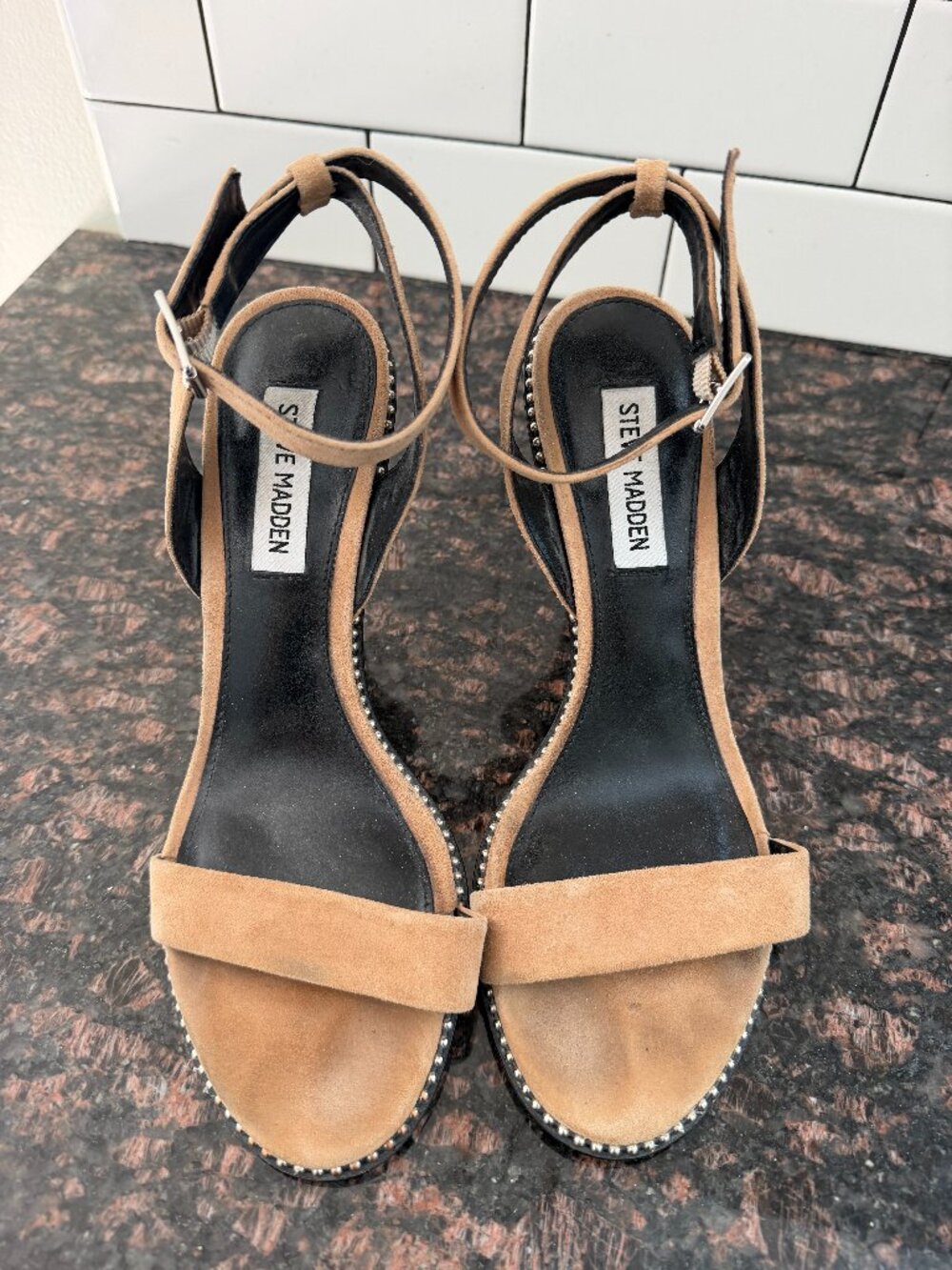 Used Steve Madden Strappy Sandals Beige Suede Studded Buckle Ankle Strap Heel